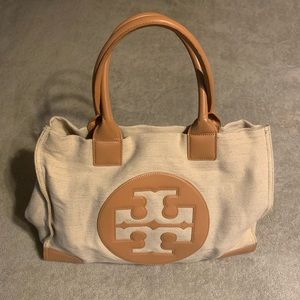 TORY BURCH Canvas & Leather Trim Tote Ella Bag Beige Rare